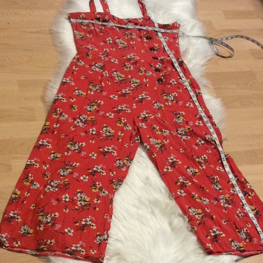 - - Xhilaration red floral print jumpsuit Romper  frill wide legs cropped …
